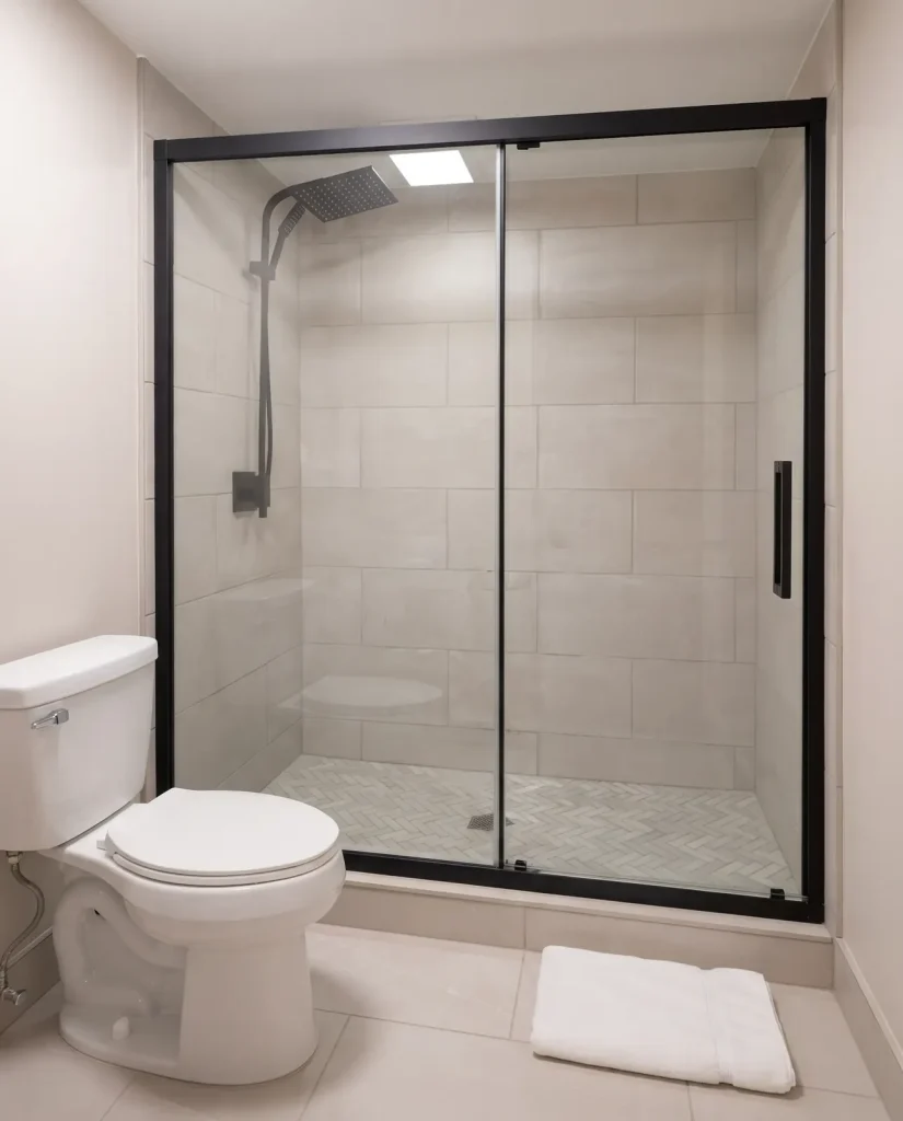 Remodeled bathroom with walk-in glass shower